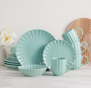 Service de table en céramique vert clair brillant 16 pièces, style nordique, assiettes, bols et tasses côtelés verticalement, vaisselle de cuisine domestique - Product Image 1