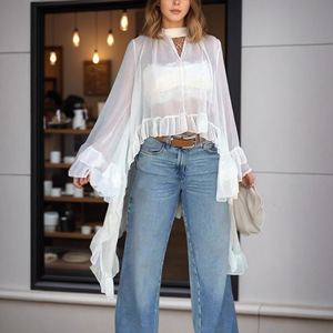 Sexy Lässige Figurbetonte Neckholder-Bluse mit Durchsichtigem Cape, Spitze, Langen Ärmeln und Atmungsaktivem Strickstoff für Damen im Sommer - Product Image 4