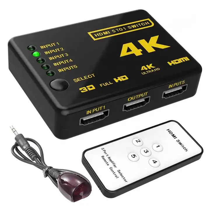4K HDMI Switch 5 in 1 Out, 5 Port HDMI Switcher Selector Box with IR Remote  Control & Auto Switch, Support 4K@30Hz, HDR, HDMI 1.4, HDCP, 3D, 1080P for