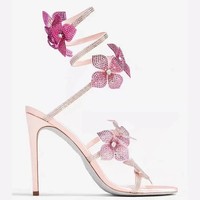 Sandales d'été 2026 à talon fin effet serpent, bout rond ouvert, fleur en strass, talons hauts à bride unique pour femme