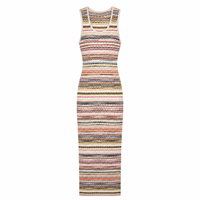 Robe longue maxi en tricot rayé multicolore pour femme, col rond, sans manches, coupe ajustée, OEM ODM