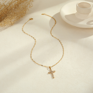 Collier en acier inoxydable avec croix, zircon blanc, plaqué or 18 carats haut de gamme, réglable, ne ternit pas - Product Image 5