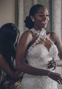 Precio de fábrica Vestidos de novia Africano Tallas grandes Nuevo Sexy Encaje Sin mangas Cuello en V Sin espalda Vestido largo de tren - Product Image 4