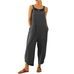 Tuta da <span class=keywords><strong>donna</strong></span> estiva in cotone e <span class=keywords><strong>lino</strong></span> larga tuta Casual <span class=keywords><strong>pantaloni</strong></span> larghi senza maniche larghi larghi con tasche spalline regolabili - Product Image 1