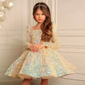 Rarewe Glitter Sequin Fluffy Flower Girl Princess Elegant Dress Bow Knot Little Bride Girl Birthday Dresses