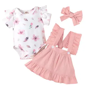 Nouveau-né bébé fille tenues d'été barboteuse + robe globale + bandeau 3 pièces ensemble de vêtements