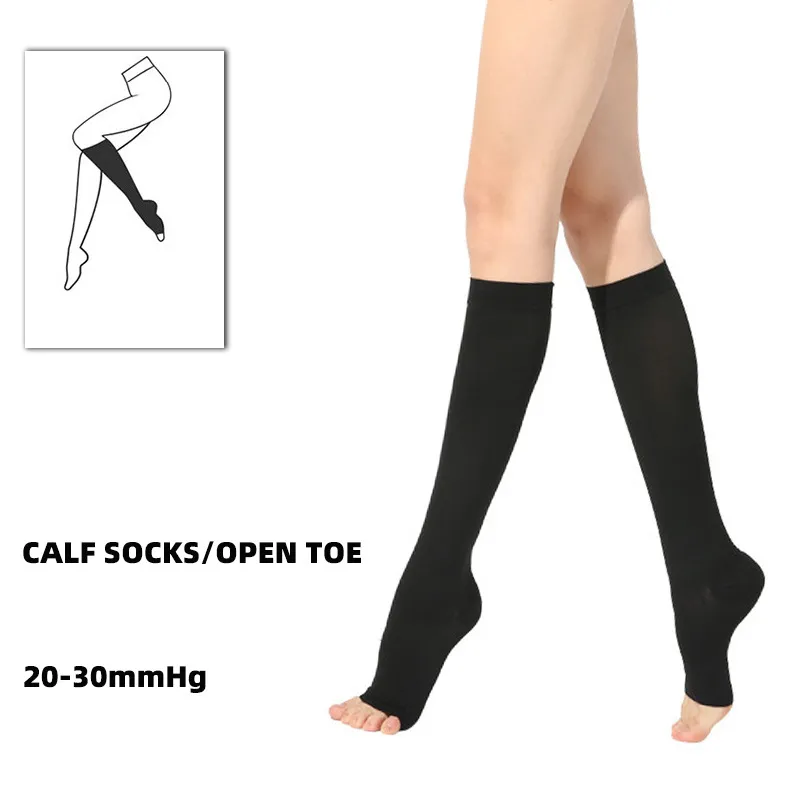 Kaus kaki kompresi medis untuk wanita dan pria 20-30mm Hg, kaus kaki kompresi lutut panjang tinggi, jari kaki terbuka