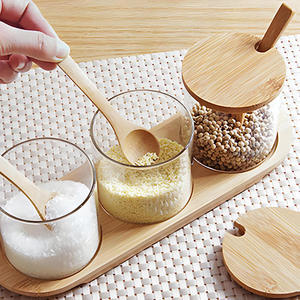 Sale <span class=keywords><strong>pepe</strong></span> condimento condimenti portabottiglie <span class=keywords><strong>villaggio</strong></span> cucina vetro vasetti di spezie con coperchio di bambù Set - Product Image 5