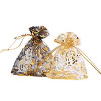 Expédition rapide, faible MOQ, sacs cadeaux en organza de luxe avec rose dorée, 7x9, 9x12, 13x18, 20x30, pour bonbons, bijoux, cosmétiques