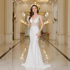 V-Neck Mermaid Wedding Dress White Backless Embroidered Slim Waist Elegant Gown - Product Image 1