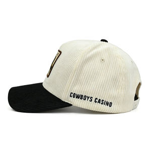 Casquette en velours côtelé personnalisée, faible MOQ, OEM ODM, avec patch en cuir brodé, style western cowboy, bicolore crème et noir, 5 panneaux - Product Image 6
