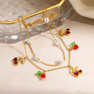 สร้อยข้อเท้าสแตนเลสสตีลสองชั้นประดับมุกเชอร์รี่ชุบทอง 18k เครื่องประดับเท้าสำหรับผู้หญิง - Product Image 4