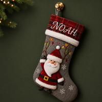 Chaussette de Noël en peluche 3D personnalisée avec personnage de Père Noël, broderie du nom de famille, service POD, directement au client