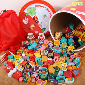 Bloc en bois Montessori pour enfants, jouets de dessin animé, enfilage de perles, bricolage, ficelle, pour bébés - Product Image 2