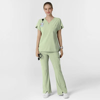 Tenue médicale personnalisée OEM pour femme : Blouse extensible à col en V et pantalon évasé taille haute – Idéale pour infirmières hospitalières