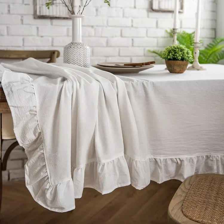 Topfinel-Mantel de lino y algodón, tamaño personalizado, decoración con volantes, mantel de mesa sólido