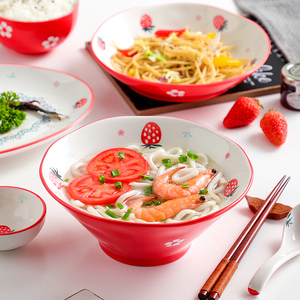 Mangkuk Ramen keramik 8 inci ramah lingkungan 1200ml dengan desain lukisan tangan stroberi merah mangkuk mie Mircowavable mudah microwave - Product Image 2
