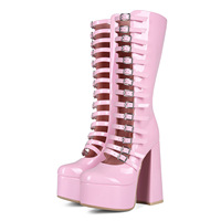 Fabricants sur mesure OEM, bottes à talons hauts pour femmes, plateforme double, bottes mi-hautes roses pour femmes