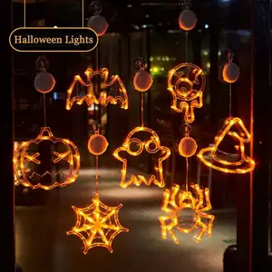 Hanging Halloween String Light Pumpkin Spider Cobweb Ghost Witch Hat Window Suction Cup Decorations Lights