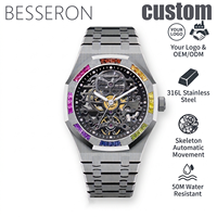 Montre mécanique automatique avec lunette sertie de diamants colorés pour hommes, cadran squelette personnalisé, montres automatiques de luxe, montre avec nom personnalisé