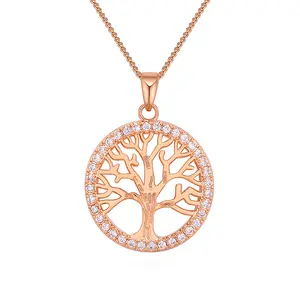 bijoterias em geral CZ Diamond Paved Tree of Life Non Tarnish Fashion Jewelry Gold Plated Stainless Steel Pendant Necklace