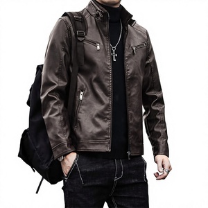 Blouson moto en cuir pour homme, col montant, fermeture éclair, couleur unie, coupe ajustée, manches classiques, idéal pour l'automne - Product Image 1