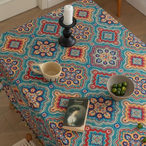 Mantel Tejido con Patrón Geométrico Verde Bohemio, Borlas Coloridas, Impermeable, Lavable, Duradero, para Catering Diario, Fiestas - Product Image 4