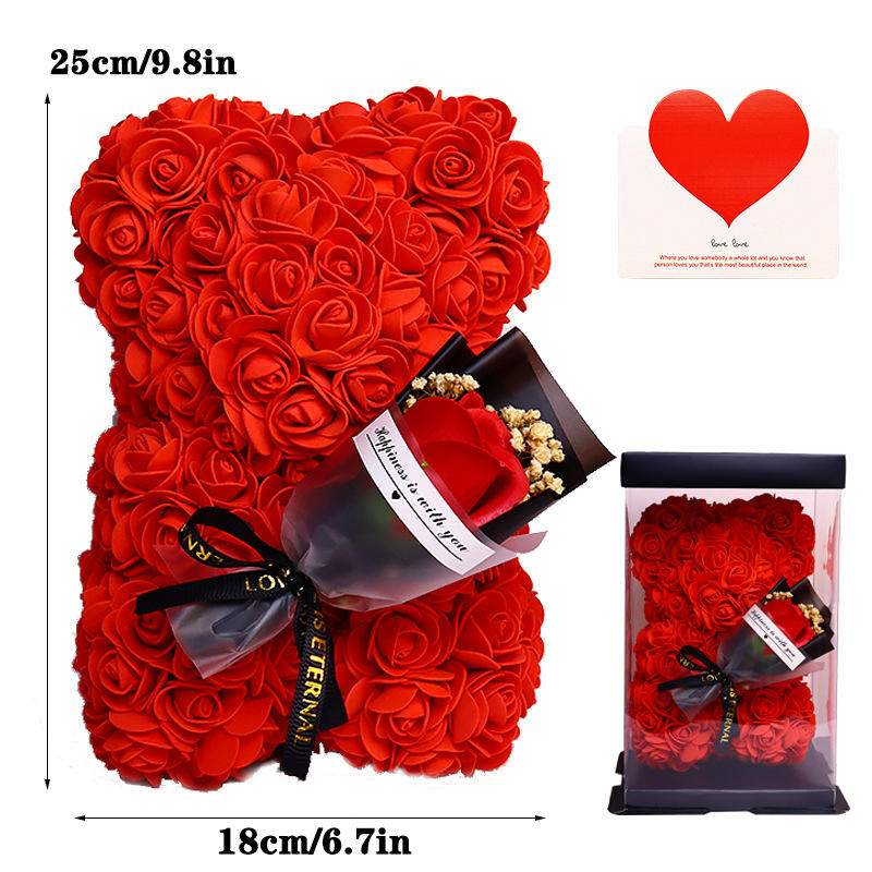 Carte de voeux rouge-boîte cadeau ours rose 25cm