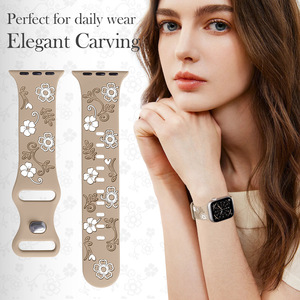 Bracelet de montre en silicone gravé porte-bonheur pour <span class=keywords><strong>Apple</strong></span> <span class=keywords><strong>Watch</strong></span> 49 46 <span class=keywords><strong>45</strong></span> 44 42 <span class=keywords><strong>41</strong></span> 40 <span class=keywords><strong>mm</strong></span>, bracelet de poignet en caoutchouc à motif floral avec boucle papillon en relief - Product Image 3