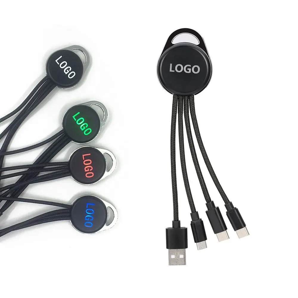 Hot giá rẻ điện tử tiện ích khuyến mại double side LED Light up Logo tùy chỉnh vòng hình dạng 3 trong 1 sạc cáp với Keychain