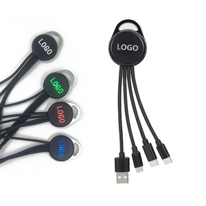 Gadgets électroniques bon marché promotionnels double face LED allument le logo personnalisé forme ronde 3 en 1 câble de charge avec porte-clés - Product Image 1