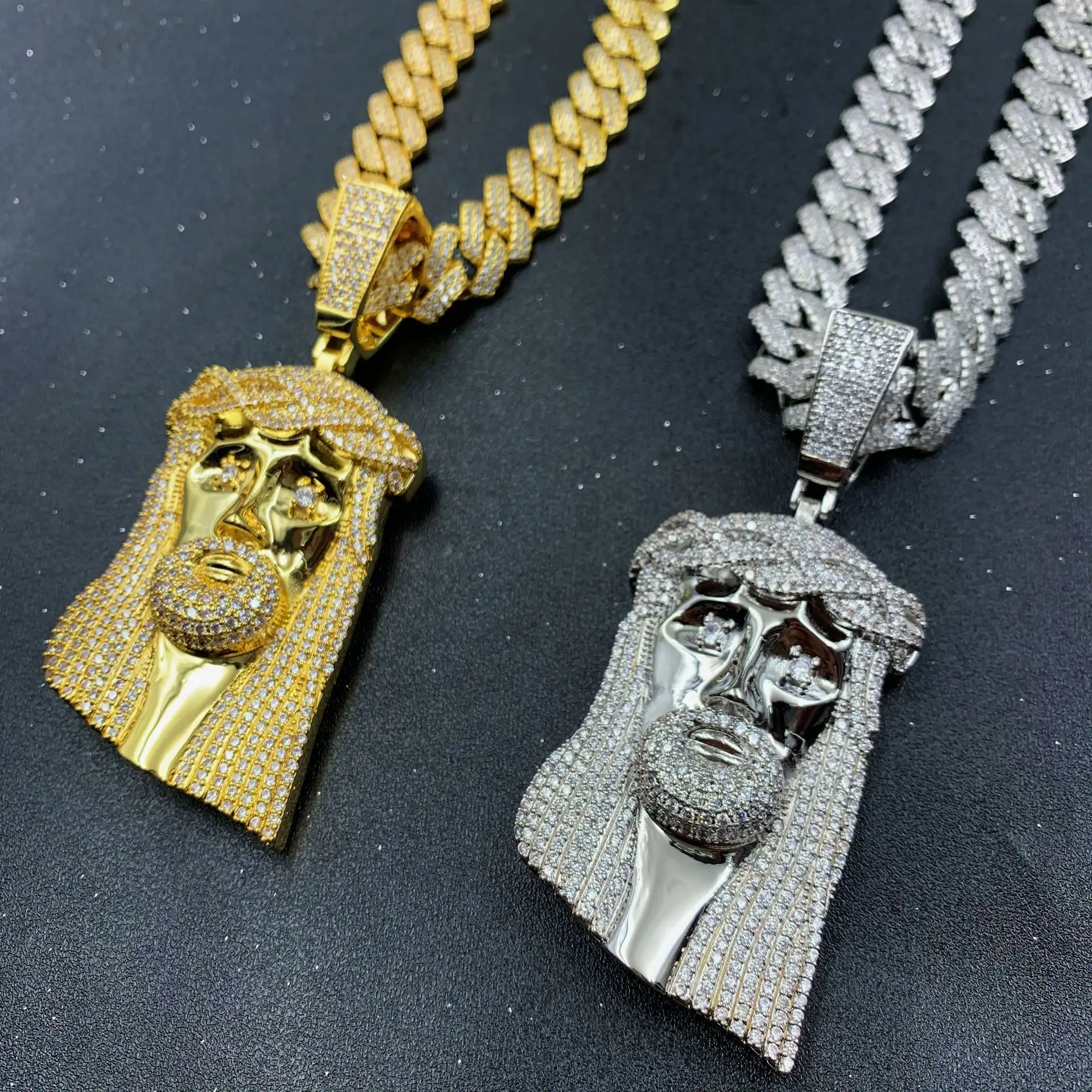 Hiphop Exaggerated Large Size Jesus Pendant with 14mm Cuban Chian Gold Silver Color Chunky Cuban Link Chain Necklace for Pendant