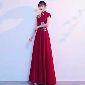 Red Chinese Style Cheongsam Long Dress For Performance Women Claret Polyester Evening Gown With 3D Embroidery - Product Image 4