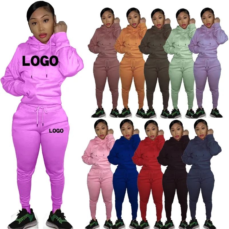 Plus Size Vrouwen Casual Winter Trainingspak Katoen Effen Kleur Custom Logo Joggingbroek En Hoodies 2 Delige Dames Sets