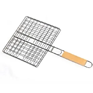 Cesta para grelhar de churrasco, malha de madeira para churrasco com cabo