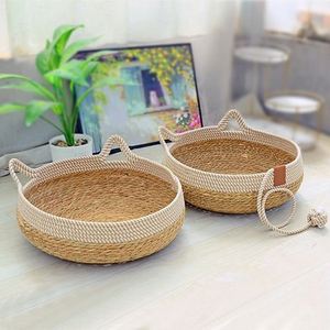 ที่นอนแมวแบบธรรมชาติ ทำจากฟางสาน บ้านสัตว์เลี้ยงถักเปียน่ารัก ตกแต่งหูแมว ใบต้นคาทเทล พร้อมเบาะรองนอนและลูกบอล เชือกฝ้ายถักเป็นที่นอนแมว - Product Image 4
