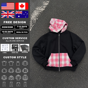 Sweat à capuche réversible en flanelle de coton à carreaux French Terry avec logo personnalisé, style streetwear, coupe oversize, lourd, zippé - Product Image 2