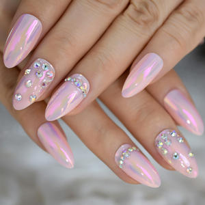 Nouveaux ongles chromés <span class=keywords><strong>avec</strong></span> <span class=keywords><strong>strass</strong></span> amande néon longueur moyenne <span class=keywords><strong>rose</strong></span> luxe presse sur les ongles - Product Image 6