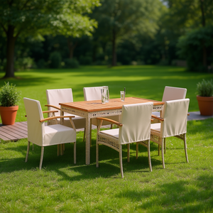 Ensemble de salle à manger de jardin moyen en polyrotin beige avec housses amovibles, 6 places, mobilier d'extérieur, style contemporain, plateau en teck - Product Image 2