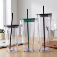 Offre Spéciale – Gobelet Isotherme Transparent à Double Paroi de 16oz et 24oz pour Boissons Froides, avec Couvercle et Paille, Idéal pour Personnalisation (DIY)