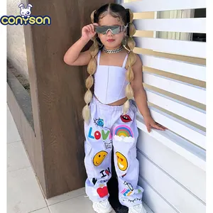 Conyson Summer Baby Children Cute Children's Wear 2023 Nueva moda para niñas Casual Strap Cartoon Printed Pants Conjunto de dos piezas para niñas