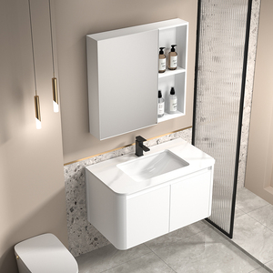 Tocadores de baño de madera maciza con espejo Lavabo simple Gabinete de fregadero de lavado a mano Combinación elegante - Product Image 2