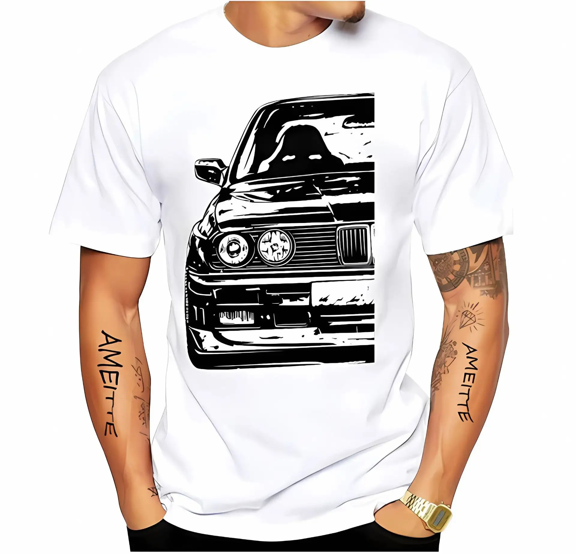 Moda carro impresso branco em torno do pescoço T-shirt dos homens padrão casual T-shirt de manga curta dos homens