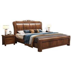 Lit en bois massif noyer 1,8 m double avec rangement, sommier haut, style chinois moderne, mobilier de chambre principale - Product Image 5
