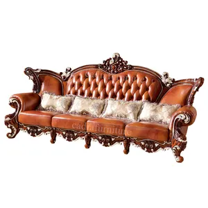 Juego de sofás de gama alta de muebles antiguos para sala de estar, sofá de madera, sofás de cuero completo para sala de estar