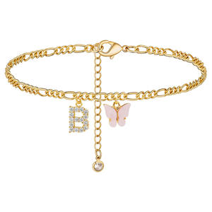 Chaîne de <span class=keywords><strong>cheville</strong></span> tendance pour femme en acier inoxydable avec strass <span class=keywords><strong>rose</strong></span> et initiale papillon alphabétique, collection été 2025 - Product Image 5
