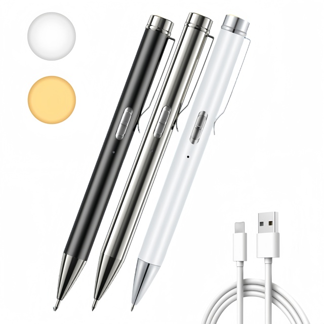 Type-C Rechargeable 2-in-1 White Yellow LED Medical Pupil Pen Light Mini Nursing Handwriting Torch Lamp NI-MH Battery Aluminum