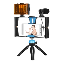 En stock PULUZ Kit de fixation vidéo pour smartphone 4-en-1 avec éclairage LED pour selfie, microphone, support trépied et griffe porte-accessoire universelle pour smartphones