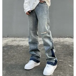 new arrival light blue Street wear knee cut distress men jeans denim flare bottom long pant