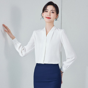 V-neck Shirt Women Solid Color Polyester Satin Anti-Wrinkle Office Wear - Product Image 4